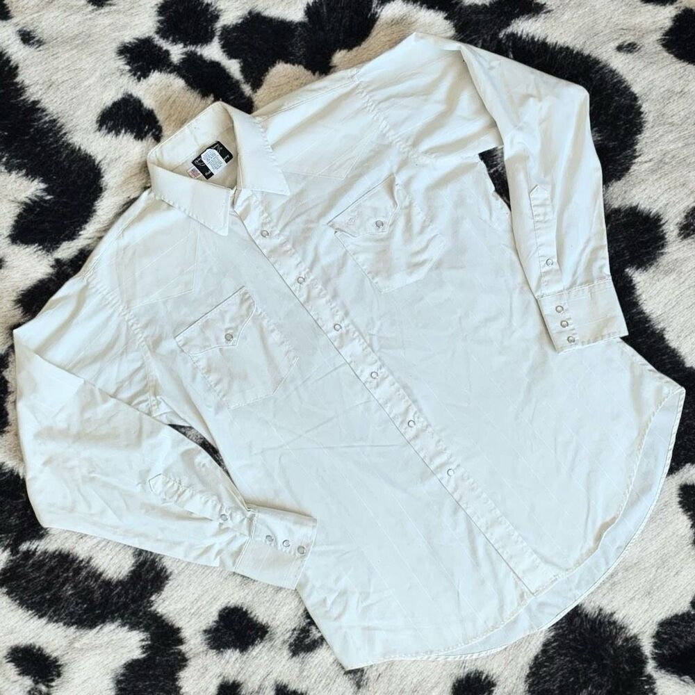 Flying Ranchwear White Ivory Button Down Shirt 17 Large Western Pearl Snap